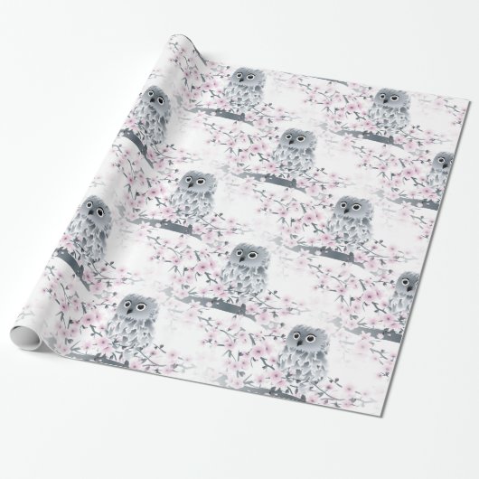 Cute Owl Cherry Blossom Pattern Cadeaupapier (Uitgerold)
