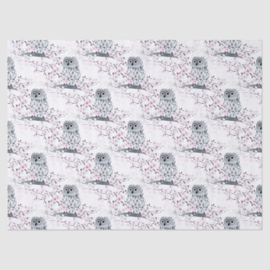Cute Owl Cherry Blossom Pattern Tissuepapier (Voorkant)