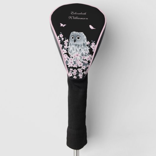 Cute Owl Cherry Blossom Pink Black Golfheadcover (Voorkant)