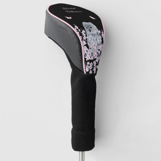 Cute Owl Cherry Blossom Pink Black Golfheadcover (Schuin)