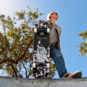 Cute Owl Cherry Blossom Pink Black Naam toevoegen Persoonlijk Skateboard