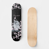 Cute Owl Cherry Blossom Pink Black Naam toevoegen Persoonlijk Skateboard (Voorkant)