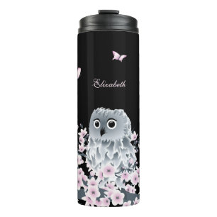 Cute Owl Cherry Blossom Pink Black Thermosbeker