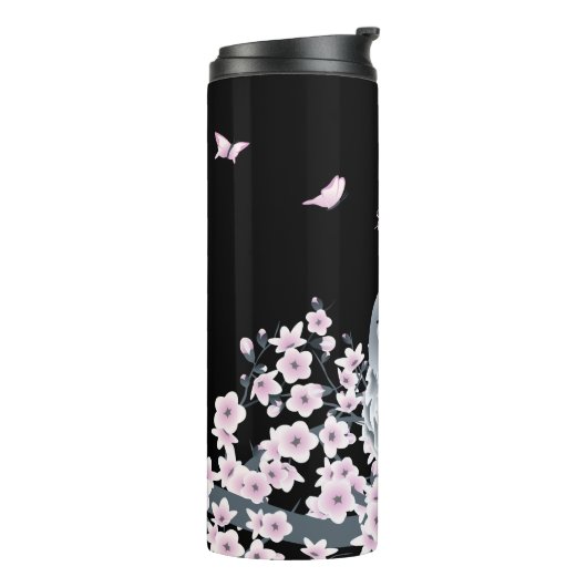 Cute Owl Cherry Blossom Pink Black Thermosbeker (Gedraaid links)