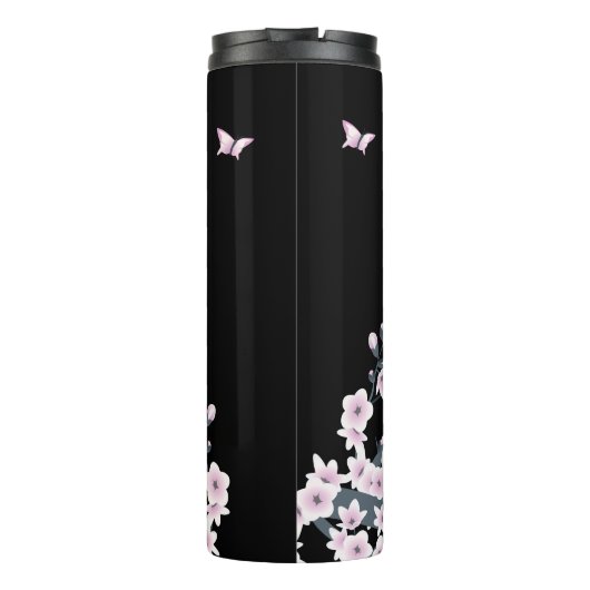 Cute Owl Cherry Blossom Pink Black Thermosbeker (Achterkant)