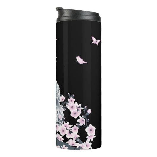 Cute Owl Cherry Blossom Pink Black Thermosbeker (Geroteerd rechts)