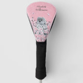 Cute Owl Cherry Blossom Pink Glitter Golfheadcover (Voorkant)