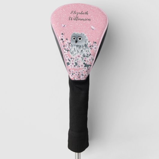 Cute Owl Cherry Blossom Pink Glitter Golfheadcover (Voorkant)