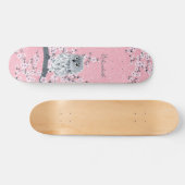 Cute Owl Cherry Blossom Pink Glitter Monogram Persoonlijk Skateboard (Horizontaal)