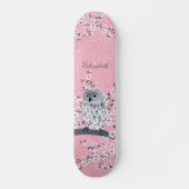 Cute Owl Cherry Blossom Pink Glitter Monogram Persoonlijk Skateboard (Voorkant)
