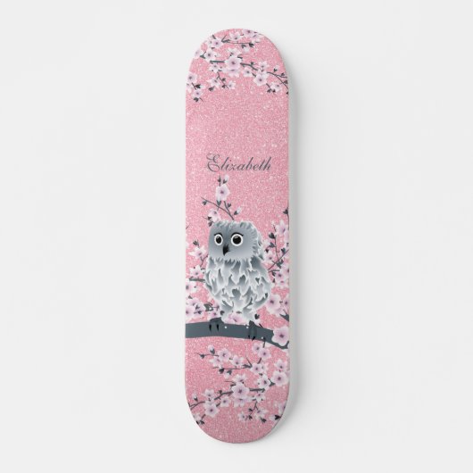 Cute Owl Cherry Blossom Pink Glitter Monogram Persoonlijk Skateboard (Voorkant)