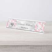 Cute Owl Cherry Blossom Pink Glitter Silver Bureau Naambordje (Voorkant)