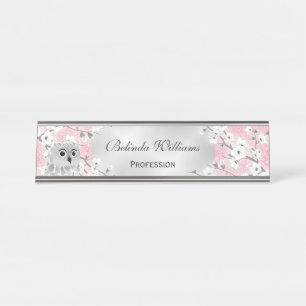 Cute Owl Cherry Blossom Pink Glitter Silver Bureau Naambordje