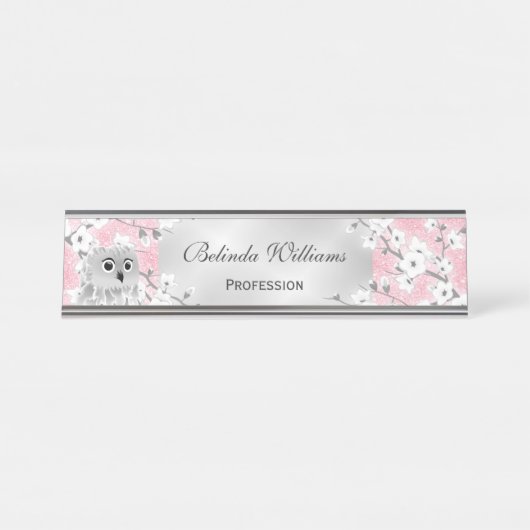 Cute Owl Cherry Blossom Pink Glitter Silver Bureau Naambordje (Voorkant)