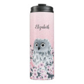 Cute Owl Cherry Blossom Pink Glitter Thermosbeker (Voorkant)