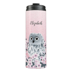 Cute Owl Cherry Blossom Pink Glitter Thermosbeker