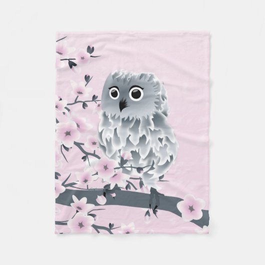 Cute Owl Cherry Blossom Pink Grey Floral Fleece Deken (Voorkant)