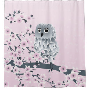 Cute Owl Cherry Blossom Pink Kinder Douchegordijn