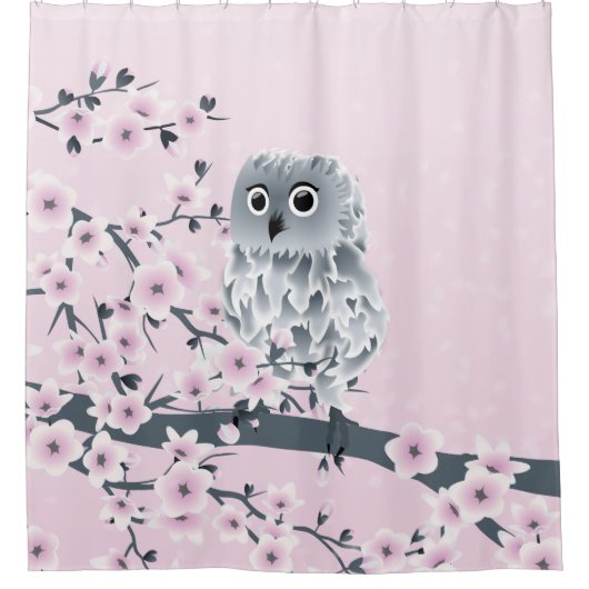 Cute Owl Cherry Blossom Pink Kinder Douchegordijn (Voorkant)