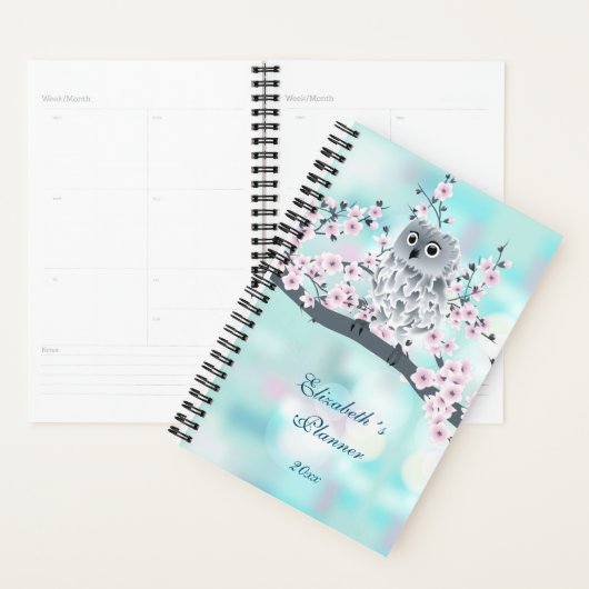 Cute Owl Cherry Blossom Pink Turquoise Voeg naam t Planner (Display)