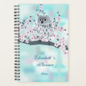 Cute Owl Cherry Blossom Pink Turquoise Voeg naam t Planner (Voorkant)