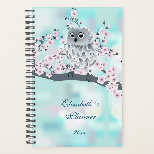 Cute Owl Cherry Blossom Pink Turquoise Voeg naam t Planner (Voorkant)