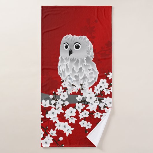 Cute Owl Cherry Blossom Red Black White Badhanddoek (Badhanddoek)