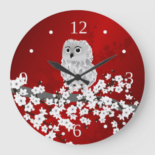 Cute Owl Cherry Blossom Red Black White Cloc Grote Klok