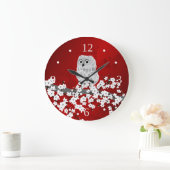 Cute Owl Cherry Blossom Red Black White Cloc Grote Klok (Huis)