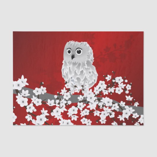 Cute Owl Cherry Blossom Red Black White Tissuepapier (Voorkant)