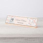 Cute Owl Cherry Blossom Roos Gold Glitter Bureau Naambordje (Voorkant)