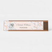 Cute Owl Cherry Blossom Roos Gold Glitter Bureau Naambordje (Voorkant)