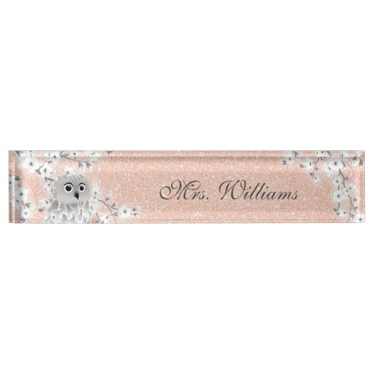 Cute Owl Cherry Blossom Roos Gold Glitter Naambordje (Voorkant)