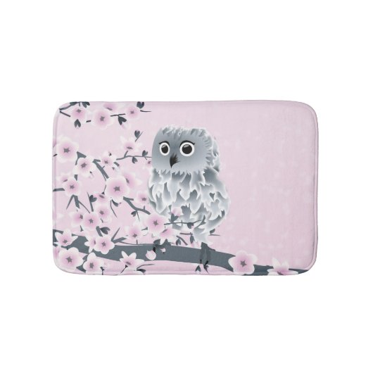 Cute Owl Cherry Blossom | Roze meisje Badmat (Voorkant)