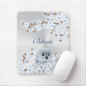 Cute Owl Cherry Blossom Silver White Monogram Muismat (Met muis)