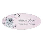Cute Owl Cherry Blossom Teacher Naambadge (Voorkant)
