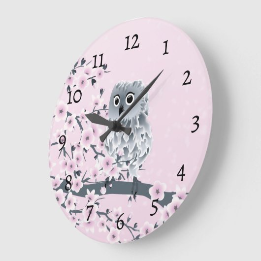 Cute Owl Cherry Blossoms Pink Numbers Grote Klok (Hoek)