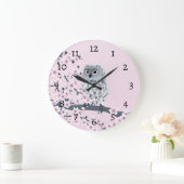 Cute Owl Cherry Blossoms Pink Numbers Grote Klok (Huis)