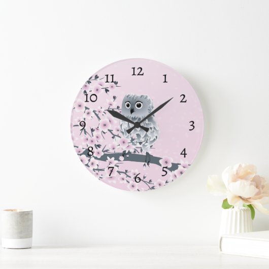 Cute Owl Cherry Blossoms Pink Numbers Grote Klok (Huis)