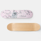 Cute Owl Cherry Pink Blossom Monogram Girly Persoonlijk Skateboard (Horizontaal)