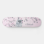 Cute Owl Cherry Pink Blossom Monogram Girly Persoonlijk Skateboard (Horizontaal)