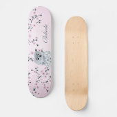 Cute Owl Cherry Pink Blossom Monogram Girly Persoonlijk Skateboard (Voorkant)