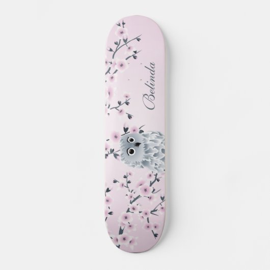 Cute Owl Cherry Pink Blossom Monogram Girly Persoonlijk Skateboard (Voorkant)