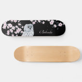 Cute Owl Cherry roze Blossom Monogram Black Girly Persoonlijk Skateboard (Horizontaal)