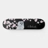 Cute Owl Cherry roze Blossom Monogram Black Girly Persoonlijk Skateboard (Horizontaal)