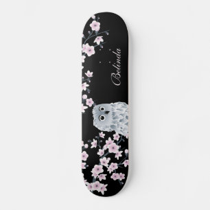 Cute Owl Cherry roze Blossom Monogram Black Girly Persoonlijk Skateboard