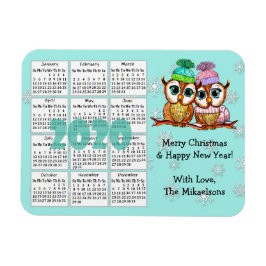 Cute Owl Couple Blauwgroen Snowflakes 2020 Mini Ca Magneet
