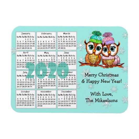 Cute Owl Couple Blauwgroen Snowflakes 2020 Mini Ca Magneet (Horizontaal)