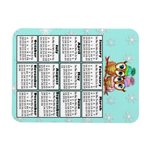 Cute Owl Couple Blauwgroen Snowflakes 2020 Mini Ca Magneet (Horizontaal)