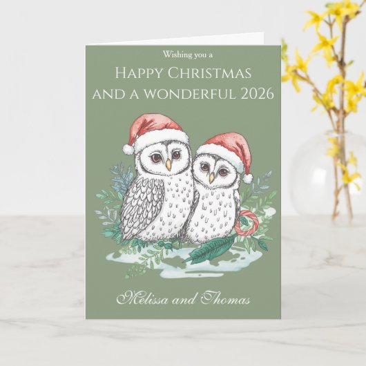 Cute Owl Couple Christmas Card – Festive Woodland  Kaart (Gele Bloem)